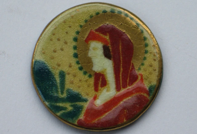 Broche Ancienne En Verre émaillé - Métal Doré, Signée, Style Médaillon - Occasion