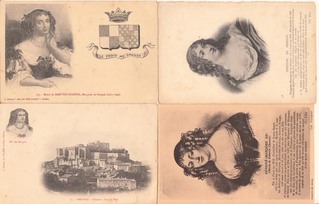 Lot de 4 cartes postales anciennes old postcards GRIGNAN DRÔME marquise sévigné
