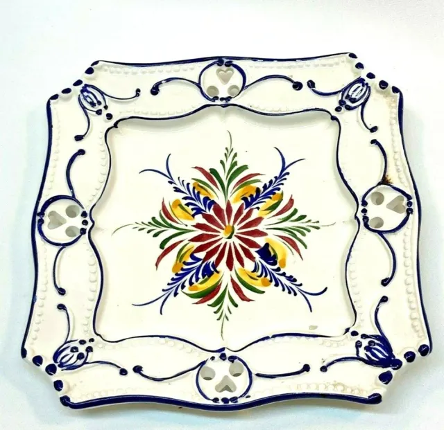 Portugal RCCL Pottery Hand Painted Floral Reticulated Square Plate