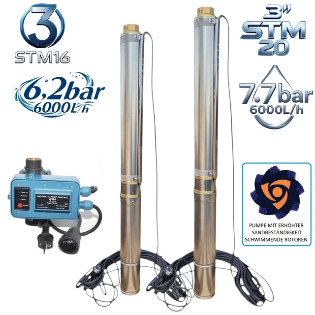Tiefbrunnenpumpe Sandverträglich | 3 Zoll, 7,7 Bar, 6000 L/h | Mit 20 M Kabel