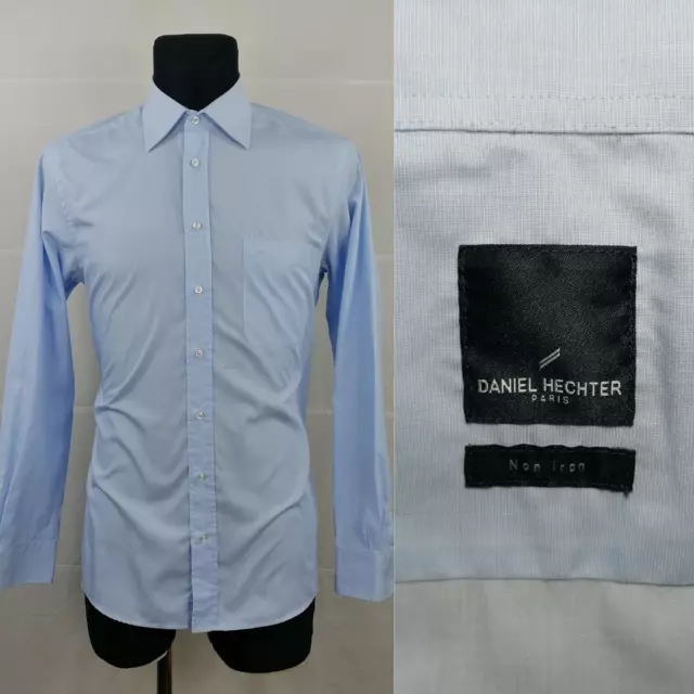 DANIEL HECHTER 15.75” 40cm Mens Blue Shirt Cotton Non-Iron P2P 23” 58.5cm