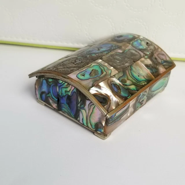 Alpaca Silver Trinket Jewelry Box Abalone Inlay Inlaid Wood Lined Case