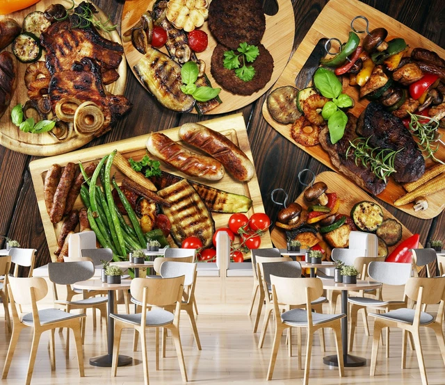 Papier Peint Autocollant 3D Décoratif - Thème Grill / Kebab Shop / BBQ Avec Panda - Motif Coloré - Neuf