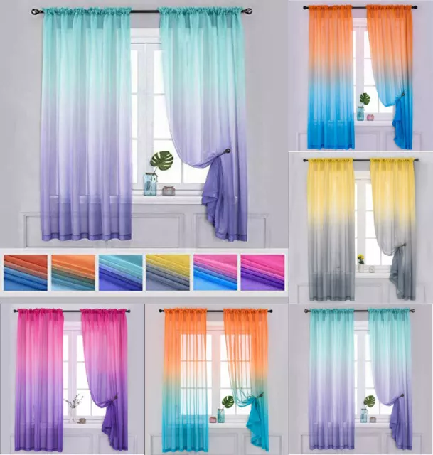 Gradient Color Sheer Window Curtains Voile Ombre Drapes Valance Home Room Decor