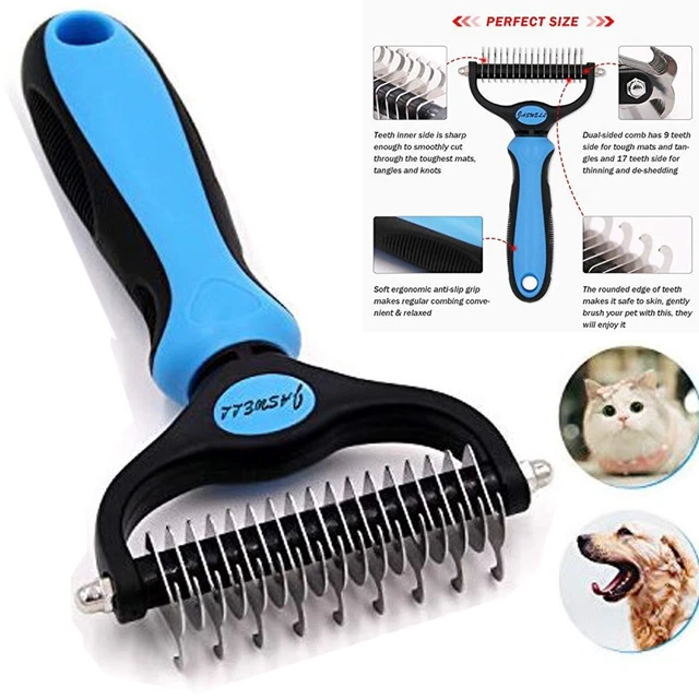 Pet Grooming Tool Dematting Comb for Dogs& Cats 2 Sided Undercoat Rake for Easy