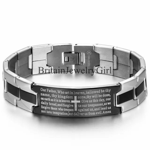 Fashion Mens Stainless Steel Lord's Prayer Bible Cross Bracelet Wristband Bangle