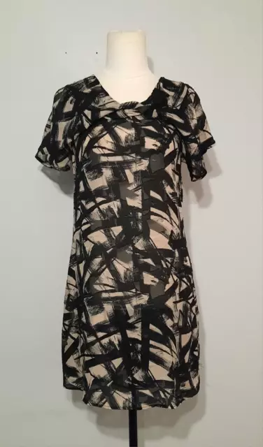 Veronika Maine Black & Tan Abstract Print Sheer Textured Silk Sheath Size 10