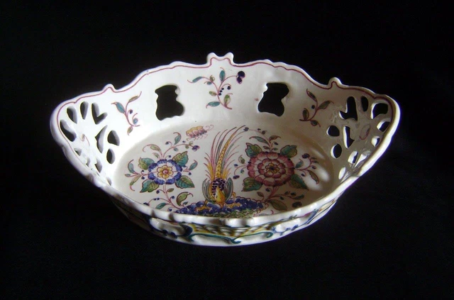 Vintage Faience Tin Glazed Basket: Hand Painted Flowers & Birds: Agueda Portugal