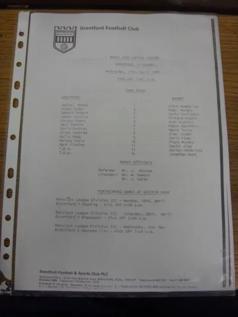 11/04/1990 Brentford Reserves v Barnet Reserves  (single sheet). Condition: if n