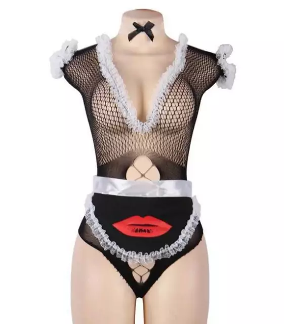 6 pc SEXY FRENCH MAID OUTFIT FISHNET TEDDY SEE-THROUGH LINGERIE SET WAITRESS