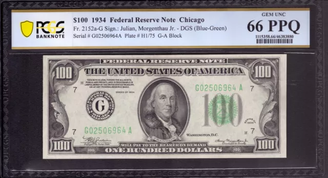 1934 $100 Federal Reserve Note Chicago Fr.2152-G Ga Block Pcgs B Gem Unc 66 Ppq