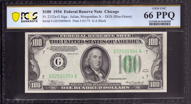 1934 $100 Federal Reserve Note Chicago Fr.2152-G Ga Block Pcgs B Gem Unc 66 Ppq