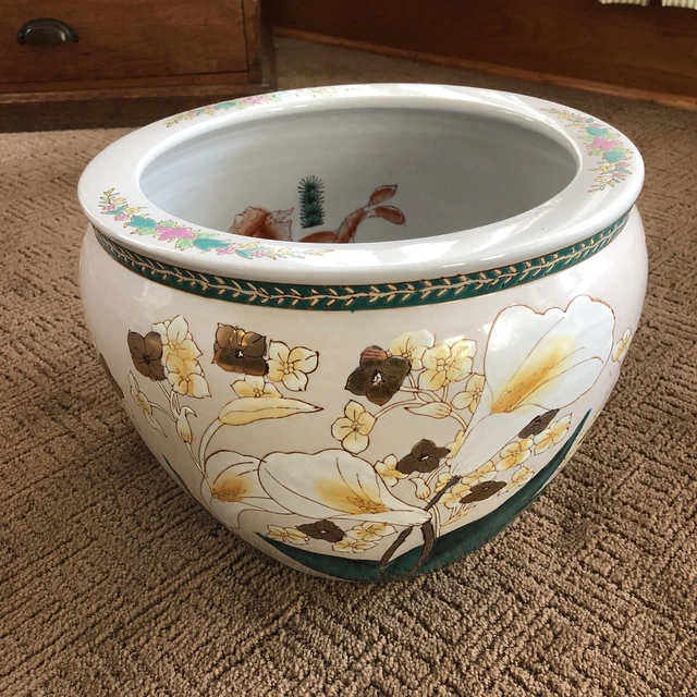 LARGE VINTAGE CHINESE Koi Fish Bowl Planter Jardiniere Pot w/ Peace