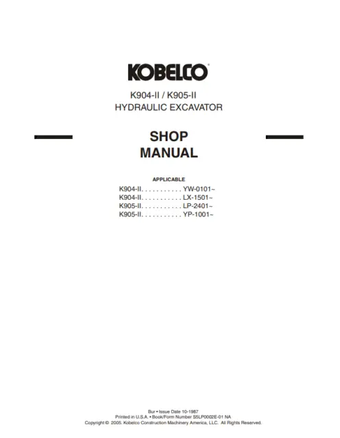 Kobelco K904-Ii K905-Ii Hydraulic Excavator Service Manual Comb Binded