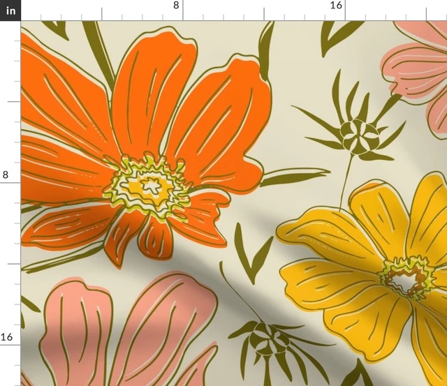 Big Cosmos Retro Flowers Floral 70S Botanical Spoonflower Fabric by the Yard
