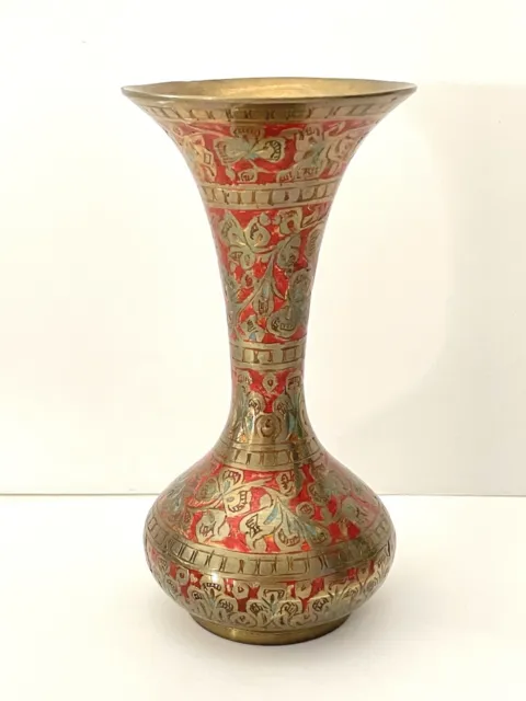 Vintage Etched Brass Vase Floral Pattern With Vibrant Red Paint Made In India