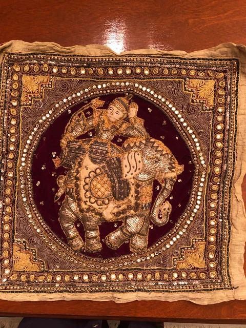 Vintage Thai Burmese Kalaga Elephant Raised Tapestry : Jewels Sequins 3D