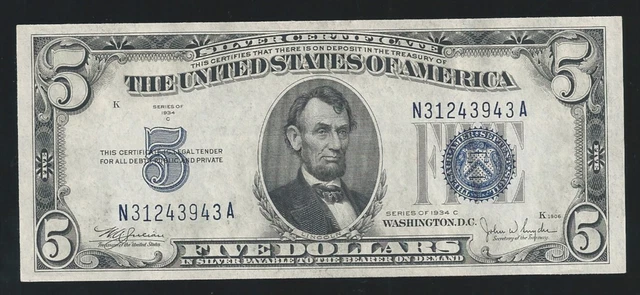1934C 5 silver certificate fr.1653W  ( Wide face )