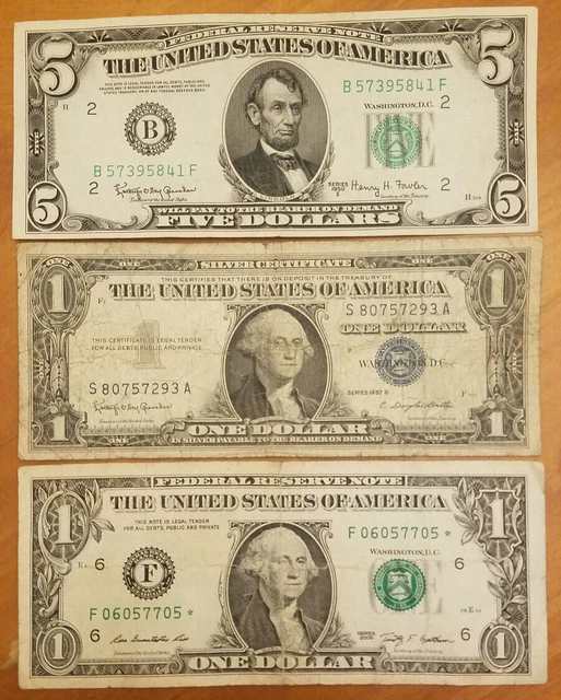 3 Note Lot: Blue Seal, Star Note, Silver Certificate, Green Seal - Vintage!