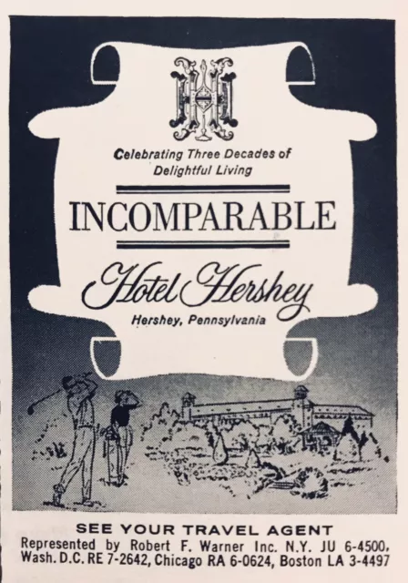 1960 Hotel Hershey Pennsylvania AD Vintage Original 2.75" ORIGINAL Promo Art