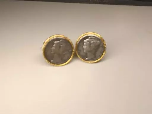 Vintage 1939 - 1945 Mercury Dime Gold Tone Round Cufflinks for Tux Shirt Suit