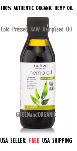 Nutiva HEMP SEED OIL UNREFINED ORGANIC CARRIER VIRGIN COLD PRESSED RAW PURE 8 oz