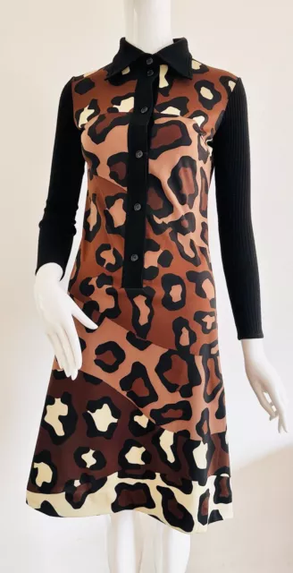 LANVIN Paris Vintage Long Sleeve Maculate Leopard Dress 1970 80s Retro Size 38 S