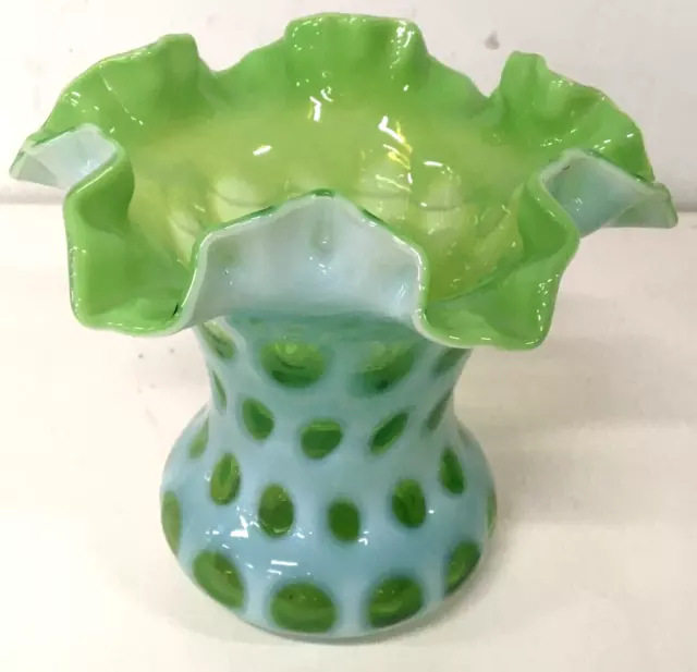 Vintage Fenton Green Opalescent Coin Dot Glass Vase