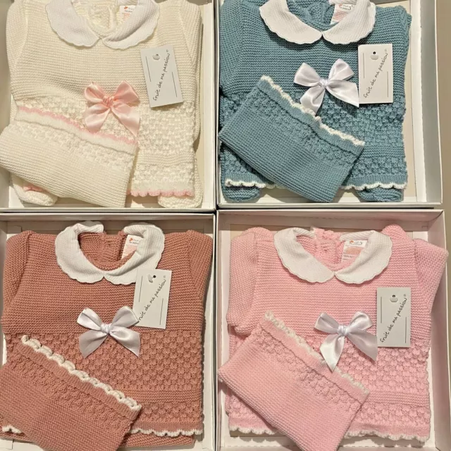 Newborn Baby Girl Spanish Knitted Outfit Girls Pink White Boxed Pram Gift Set