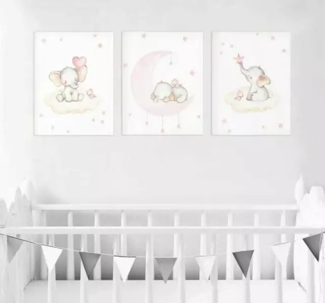 Nursery Decor Wall Art Kids Room Pink Elephant Prints Set Of 3