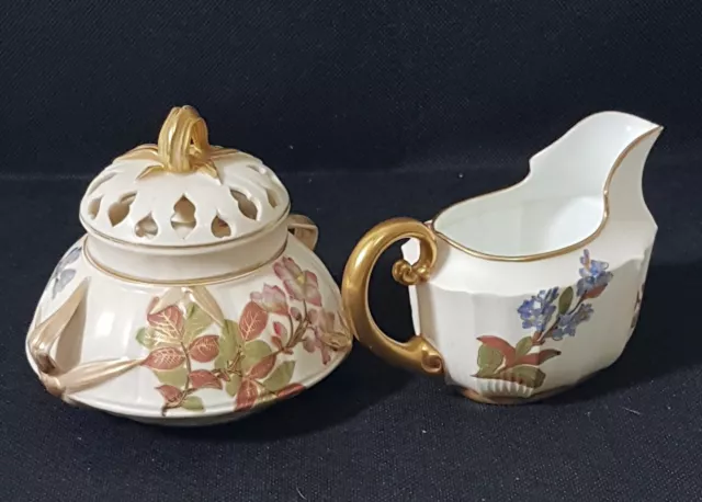 19th Century Royal Worcester Blush Porcelain Creamer & Sugar Bowl with Lid