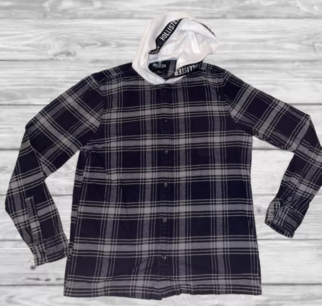 Hollister Mens Hoodie Cotton Flannel Plaid Jacket L/S Size L Hooded Black Grey