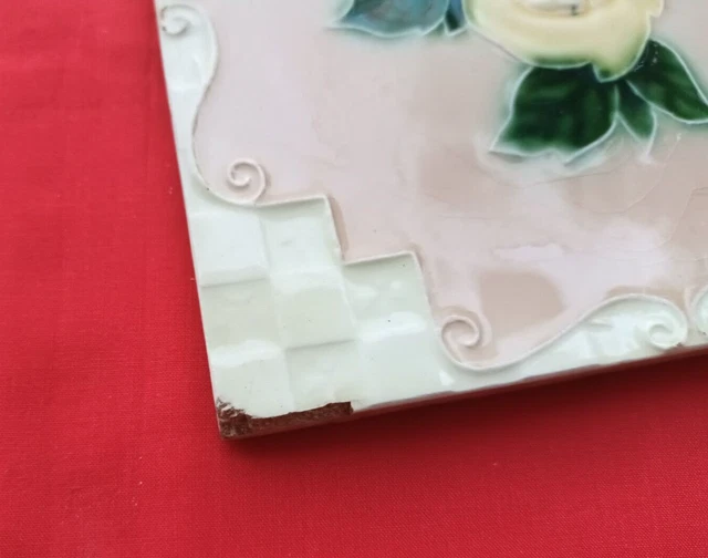 1 Piece Old Art Flower Design Embossed Majolica Ceramic Tiles Japan 0255 3