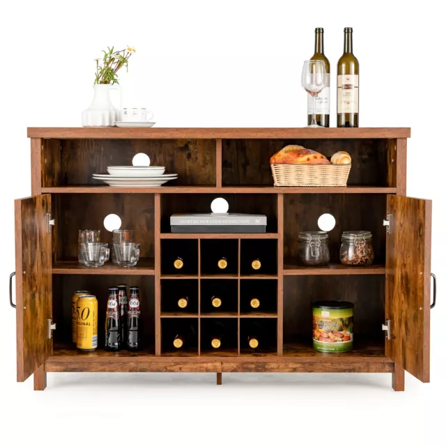 FARMHOUSE SIDEBOARD BUFFET Storage Cabinet w/2 Doors &9-Bottle Wine ...