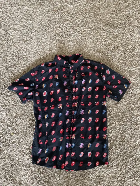 The Rolling Stones Multi Tongue Logo All Over Button Up Down Shirt Black Size M