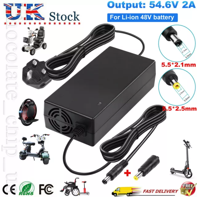 54.6V 2A Battery Charger for 48V Lithium Li-Ion Electric Bicycle DC 5.5*2.1/2.5