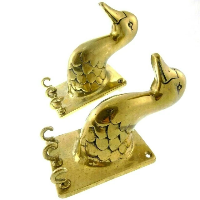 2pc Set Brass Duck Coat Hat & Keys Hooks Wall Mount Hanging Pair Large