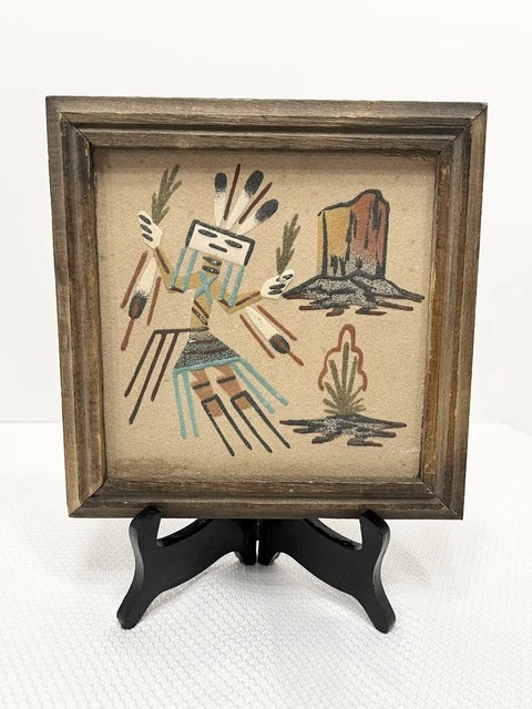 Vintage NAVAJO AMERICAN INDIAN SAND ART Painting Female Yei Desert Scene Signed