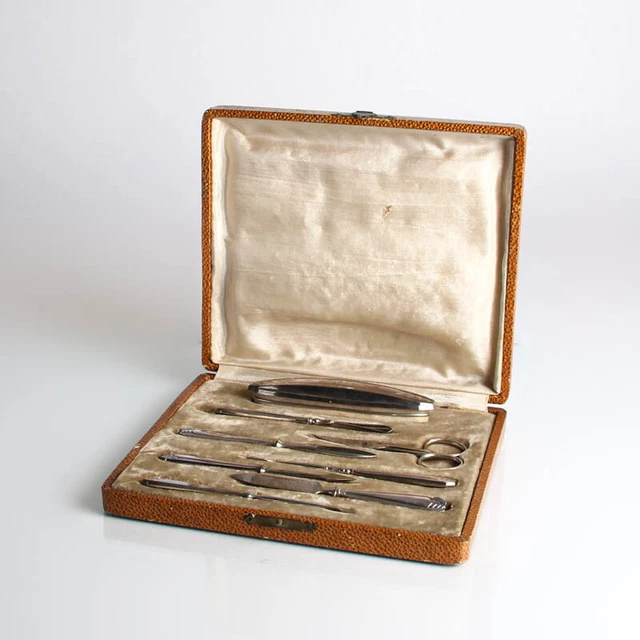Juego de manicura plata extenso Art Deco decoración en caja marrón +++