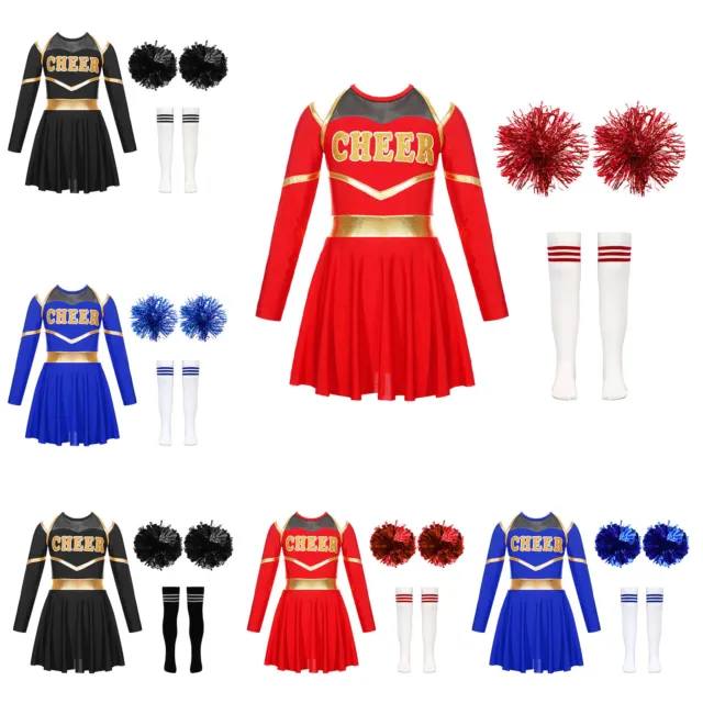 UK Kids Girls Cheerleader Costume Long Sleeve Dance Dress with Pom Pom Socks Set