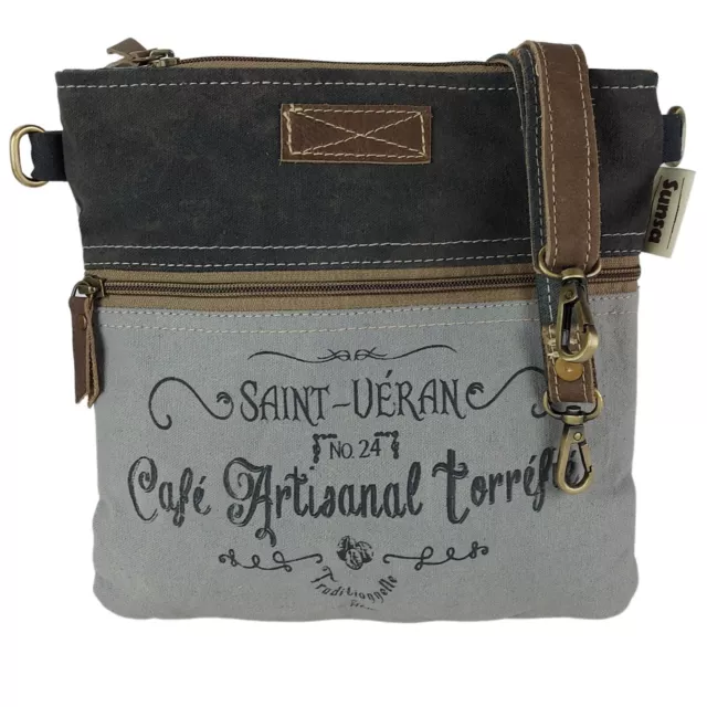 Sunsa Vintage Umhänge-Schultertasche Canvas Leder Upcycling Grau / Schwarz 52665