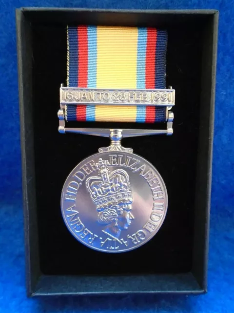 Gulf War Full Size Medal,16 Jan-28 Feb 1991 Clasp & Ribbon + Box, Reproduction