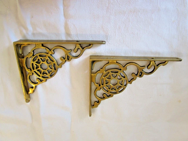 Pair of Ornate VINTAGE BRASS WALL SHELF BRACKETS 6  1/4" x 5"