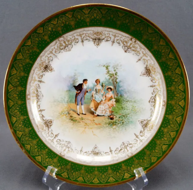 Jean Pouyat Limoges Victorian Courting Couple Green & Gold 9 1/2 Inch Plate