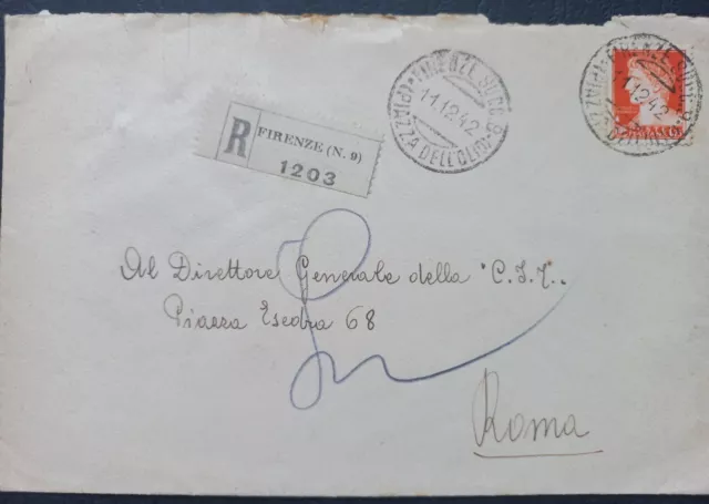 Storia Postale Regno Racc. Lire 1,75 Isolato da Reggello a Roma 1942