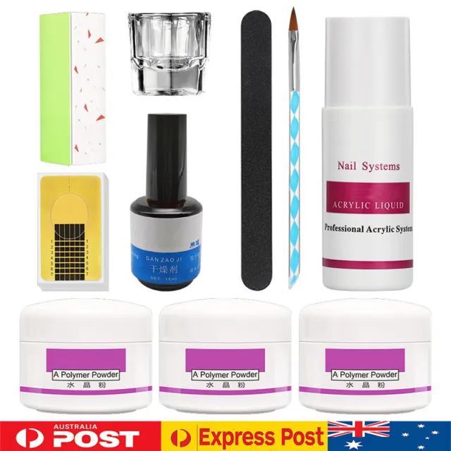 Complete Acrylic Nail Art Kit Liquid Clear White Pink Powder Primer DIY AU Post