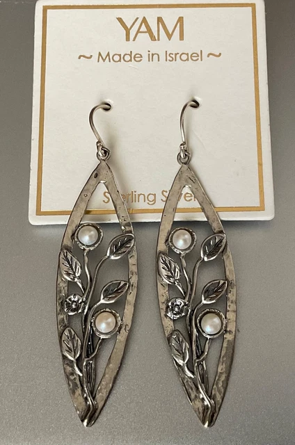 Sterling Silver Drop Floral Faux Pearl Earrings  by YAM Made in Israel Hook NEW