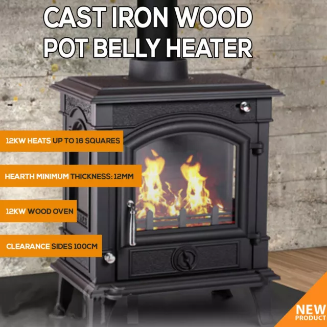 *NEW 12KW Cast Iron Wood Heater Pot Belly Slow Combustion Heat Up To 16 Square