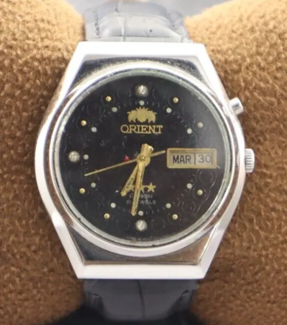 Vintage Orient Automatic 21 Jew D/D Black Dial Men's Watch Leather Band 80's