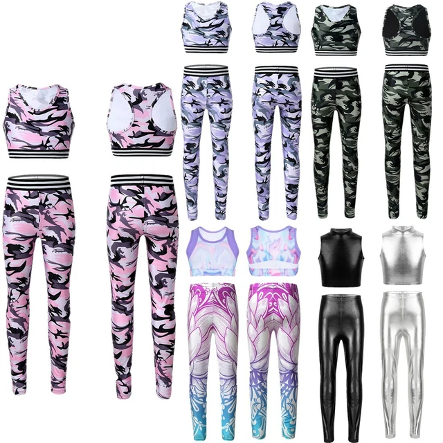 Kids Girls Tracksuit Camouflage Outfits Crop Top Leggings Gymnastics Sport Wear